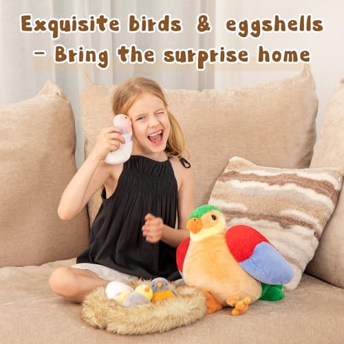 MorisMos Bird Stuffed Animals with Baby Birds, Eggs and Nest, Colorful