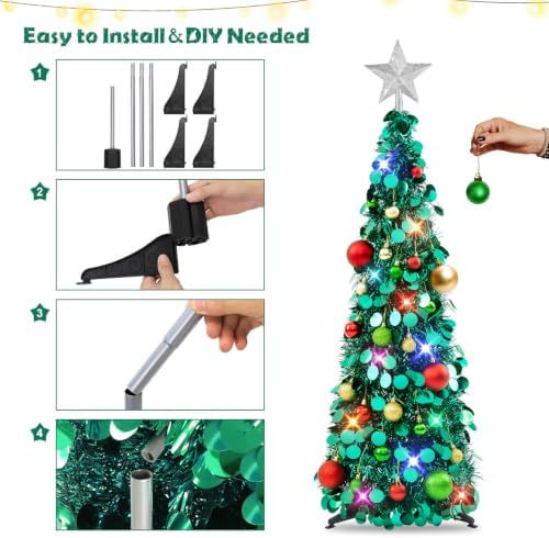 N&T NIETING Pop Up Christmas Tree with Lights & Ornaments,3FT, Peacock Blue