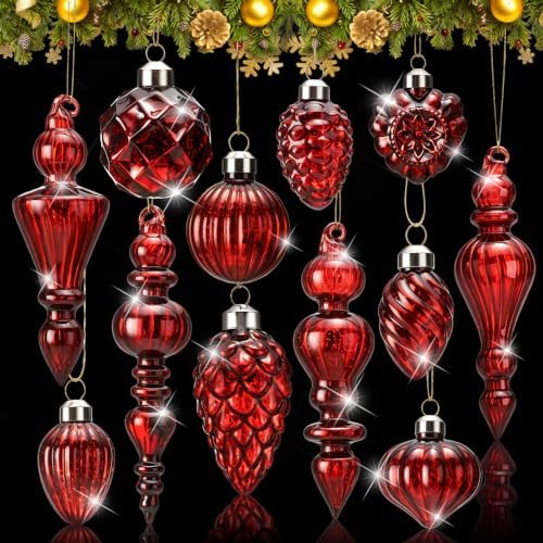 Vercraft 20 Pcs Vintage Mercury Glass Finial Christmas Ornaments, Burgundy