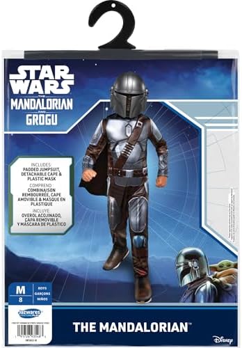STAR WARS The Mandalorian Official Youth Halloween Costume - Premium Quality Padded Jumpsuit with Plastic Mask and Detachable Cape (L)