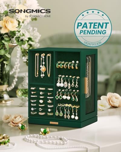 SONGMICS Jewelry Box Organizer, 360° Rotating, 5 Drawers, Forest Green