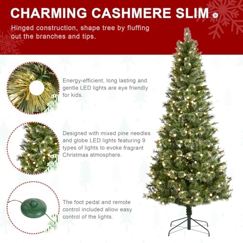 Glitzhome Prelit Christmas Tree, 7.5ft Artificial Green Christmas Tree Charming Cashmere Slim Pine with 350 Warm White and Multi-Color Globe LED Lights, 9 Function w/Foot Pedal and Remote Control
