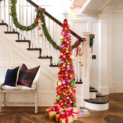 N&T NIETING Pop Up Christmas Tree with Lights & Ornaments, 6FT, Red