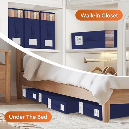 StorageTastic 8 Pack Bed Sheet Closet Organizers and Storage,Sturdy Foldable Storage Containers with Window and Label,Storage and Organization for Bedding Sheets,Duvet Covers,Blankets (Blue)