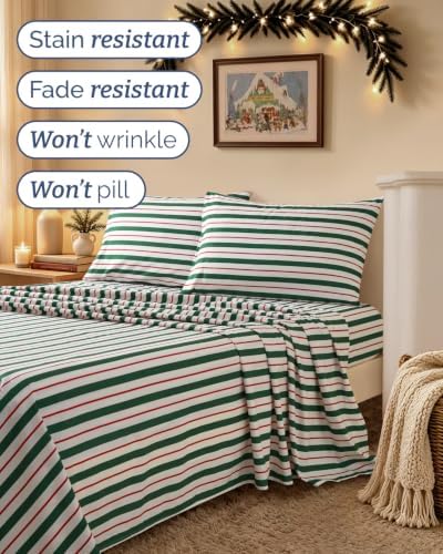 Christmas Sheet Set, Cabana Stripe, Holiday Xmas Bedding Set - Split King