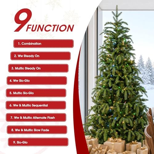 Glitzhome Prelit Christmas Tree, 6ft Slim Christmas Tree, Hinged Artificial Tree Radiant Evergreen Fir with 250 Warm White/Multi-Color LED Lights,9 Function w/Remote Control,Easy Assembly