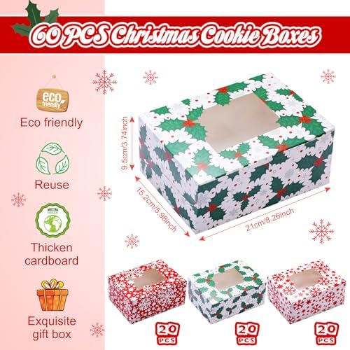 Tenceur 60 Pcs Christmas Cookie Box Window,8.3 x 5.9 x 3.7'',Classic