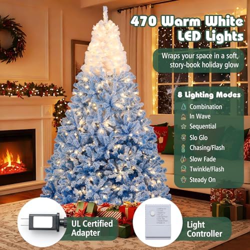HAPPYGRILL 8 FT Pre-lit Flocked Christmas Tree Blue Hinged Xmas Tree with 1774 Branch Tips, 470 Warm White LED Lights & Folding Metal Stand, for Home Office Carnival