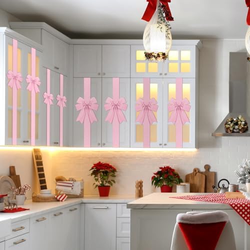 Daifunli 9 Pcs Pink Velvet Christmas Cabinet Bows Ribbons for Kitchen
