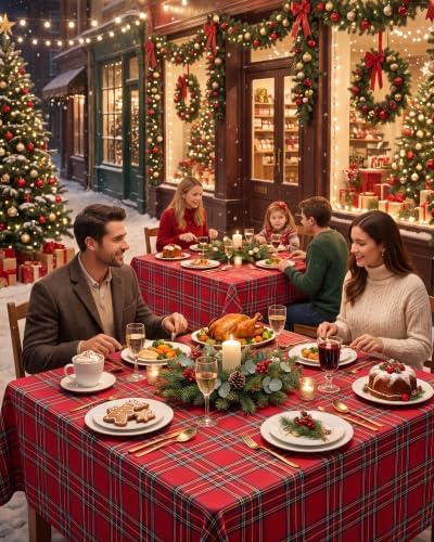 Red Christmas Tablecloth Square, Tartan Plaid, 60x60 Inch