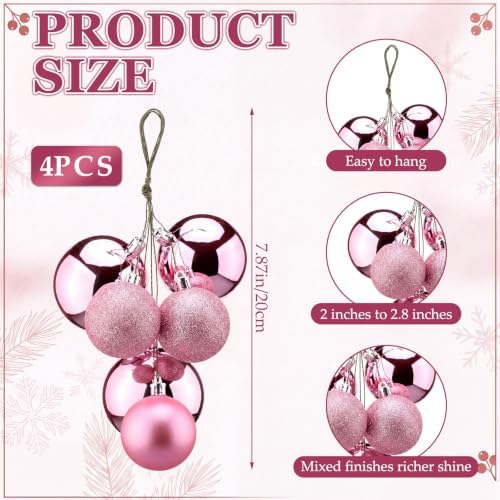 Roowest 4 Sets Large Pink Glitter Christmas Ball Clusters Ornaments Decor