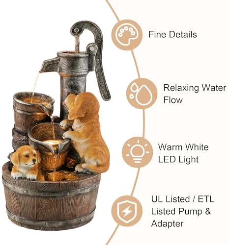 Glitzhome Water Fountain Outdoor, Outdoor Fountain with Lights & Pump, 23.75" H Cute Dog Playing Around The Water Polyresin Cascading Waterfall Floor Standing Water Feature for Garden, Patio