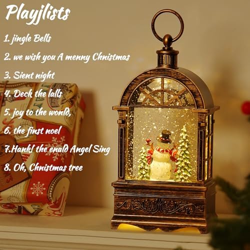 Christmas Snow Globe Lantern Water Glittering Window Snowman Child with Music, USB Lined/Battery Operated Lighted Lantern for Christmas Festival Decoration Gifts