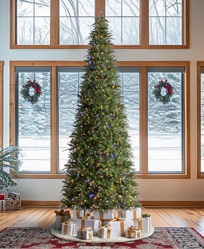 Glitzhome 11ft Prelit Artificial Christmas Tree,Radiant Evergreen Fir with 850 Warm White/Multi-color LED Lights,9 Function,w/Remote Control,Holiday Décor w/Easy Assembly,Metal Hinges & Foldable Base