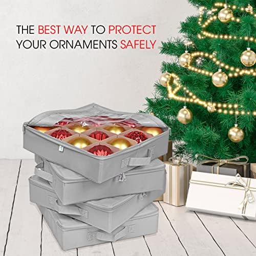 ProPik 4 Pcs Christmas Ornament Storage Boxes with Dividers, Transparent Top Zipper Closure, 4 Individual Ornament Holder Trays, Keeps 64 Holiday Ornaments, Ornament Organizer Storage Box (Gray)