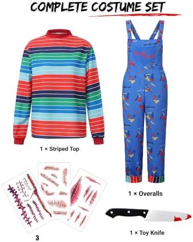 Adult Halloween Chucky Costume Striped Top Overalls Knife Tattoo Scars