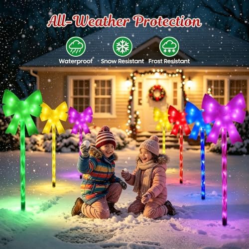 Outdoor Christmas Decorations Solar Pathway Lights, Set of 5 Colorful Bow Candy Stake Lights, Waterproof Solar Christmas Lights for Holiday Display Yard Garden Lawn Winter Party Xmas Decor