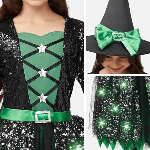 Spooktacular Creations Witch Costume Kids, Light Up Halloween Costumes Witch Dress with Hat and Broom for Girls, Sweet Wizard Set for Toddler Scary Halloween Themed Parties, Green, M