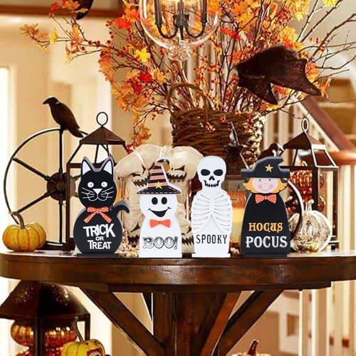 Halloween Decorations Indoor, DECSPAS 4 PCS Wood Blocks Halloween Table Decor, Ghost Black Cat Skull Witch Gothic Tabletop Ornaments, Hocus Pocus Decorations for Home, Tiered Tray, Shelf, Mantel