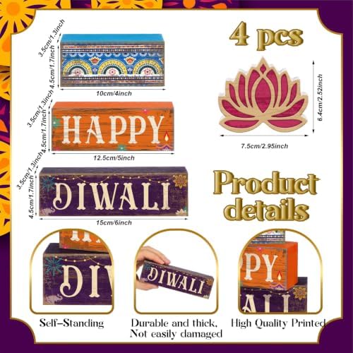 Lineshading 4 Pcs Diwali Table Decoration, Happy Diwali Lotus Wood Sign