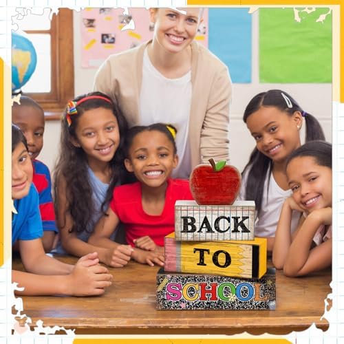 Lineshading 4 Pcs Back to School Table Decor Wooden Apple Blocks Sign