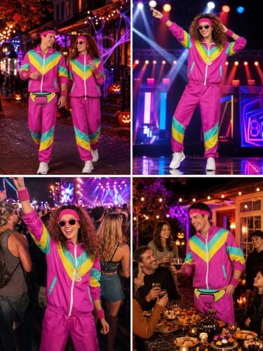 SOMSOC 80s Tracksuit for Men Women Halloween Costume Retro Windbreaker Set Neon 90s Outfit Couple Jogger Suit