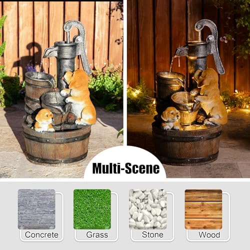 Glitzhome Water Fountain Outdoor, Outdoor Fountain with Lights & Pump, 23.75" H Cute Dog Playing Around The Water Polyresin Cascading Waterfall Floor Standing Water Feature for Garden, Patio