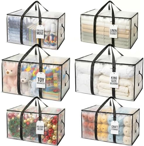 ClearSpace Heavy Duty Moving Bags - Water Resistant Storage Bags with Backpack Straps, Zippers and Handles - Large Moving Boxes for College Dorm, Travel, Closet Organization - 6 Pack, Clear