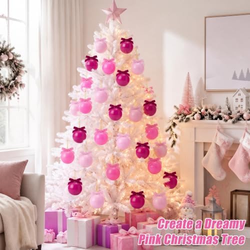 Hollowfly 9 Pcs 4 Inch Pink Glass Christmas Ornaments with Velvet Bow