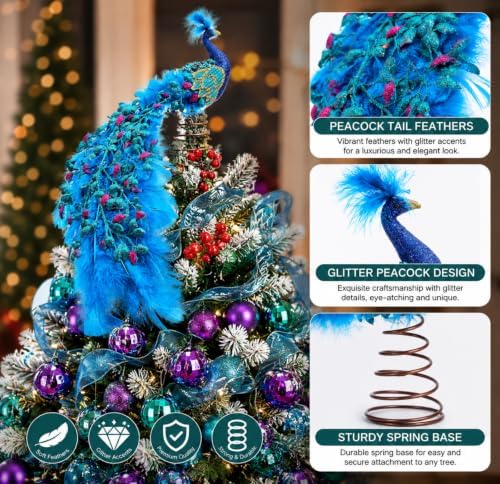39 Pcs Christmas Tree Decorations Peacock Topper Ornaments Ribbon Blue and Purple Balls Christmas Tree Hanging Ornaments for Xmas Home Office Decorations