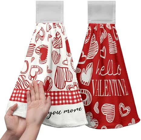 Valentines Day Hanging Kitchen Towels Set of 2 Valentine Red Heart Buffalo Plaid Hand Towels with Hanging Loops Seasonal Sweet Holiday Fingertip Oven Towels hanging Soft Absorbent Bar Tie Towel