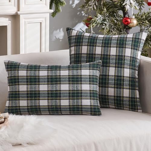 MIULEE Christmas Plaid Pillow Covers Scottish Tartan 12x20 Green and White