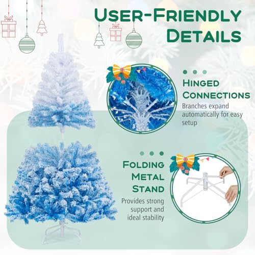 HAPPYGRILL 5 FT Flocked Christmas Tree Blue Hinged Xmas Tree with 456 Branch Tips & Folding Metal Stand, Artificial Christmas Tree for Home Office Carnival