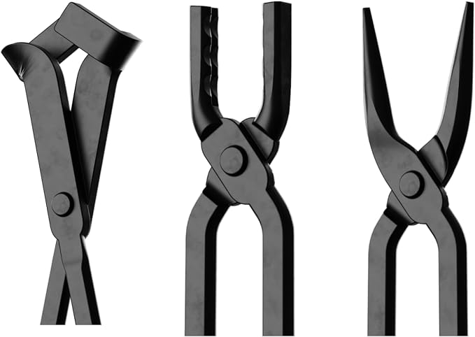 5PCS Blacksmith Tongs Set with Hammer - V-Bit Blade, Wolf Jaw, Scrollings, Flat Jaw & Square Jaw, Assembled High Carbon Steel Forging Tools for Metalworking