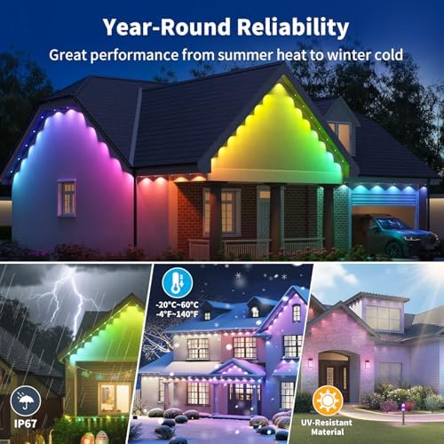 XINKAITE 400FT Permanent Outdoor Lights with 200 LEDs - Smart RGB+IC with 16 Million Colors, IP67 Waterproof, App & Remote Control, Hundreds of Modes for Holidays, Christmas & Home(2 Rolls 200FT)