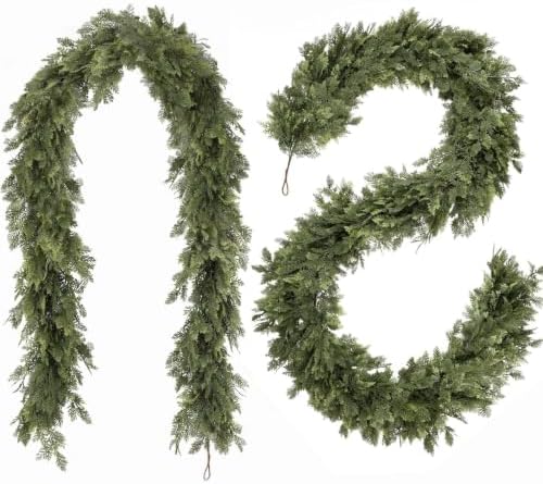Christmas Garland 9FT Decorations Real Touch Cedar Cypress Pine Greenery Artificial Green Christmas Garland for Mantle, Fireplace, Table, Stairs, Door, Porch, Indoor Outdoor Decorations, 2Pcs