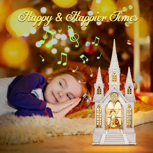 Church Snow Globe Lighted,Christmas Snow Lantern,Angel holy Family Nativity Christmas Eve Glitter Snow Globe with Musical,Christian Decorations Indoor,2 Way Powered