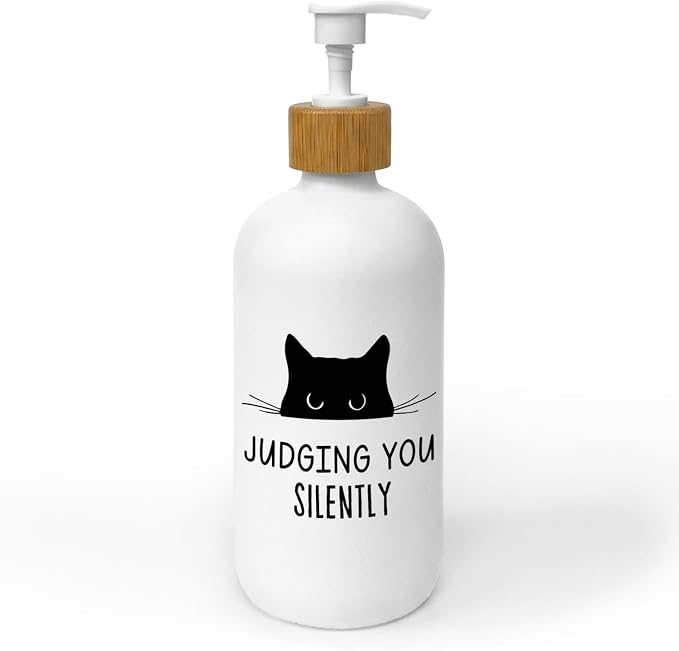Funny Cat Soap Dispenser, Black Cat Judging You Silently Glass Dish Soap Dispenser with Pump for Kitchen, Cats Lover Gifts Bathroom Countertop Refillable Handsoap Liquid Container