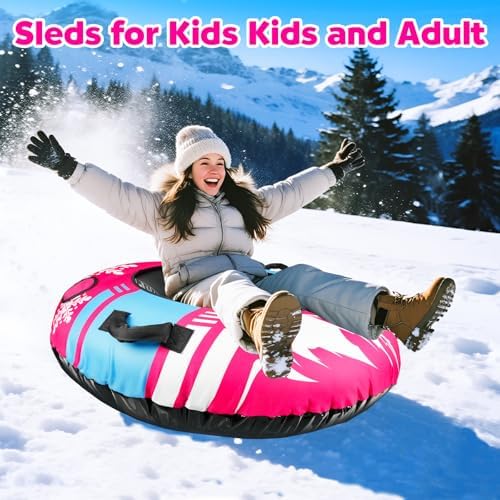 ZMLM Snow Tubes for Sledding Heavy Duty - 48'' Inflatable Snow Tube with Premium Canvas Cover for Kids Adults,Towable Snow Sled Thickened Bottom Winter Gift Outdoor Fun Toys for Boys Girls