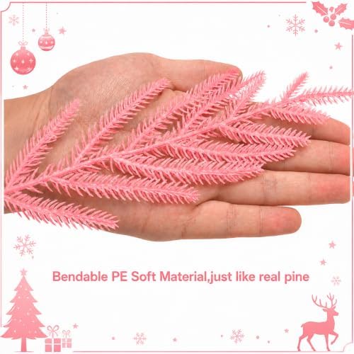40 Pcs Pink Artificial Christmas Pine Branches, Pink Christmas Tree Picks