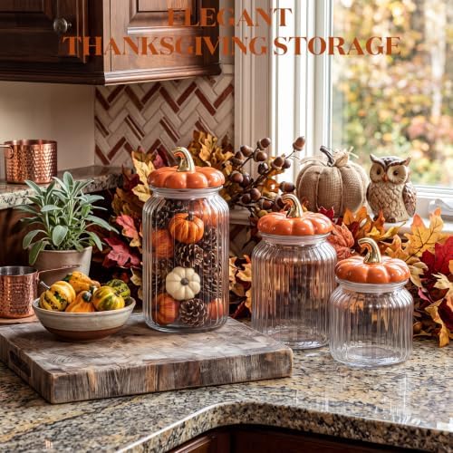 Mimorou 3 Set Fall Pumpkin Glass Jar with Pumpkin Airtight Ceramic Lid 44 oz 33 oz 22oz Clear Candy Jar Food Storage Canister for Thanksgiving Party Tea Cookie Table Decoration(Orange, Glass Jar)