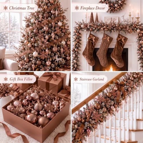 CroBlissful 118 Pcs Christmas Tree Ornaments Set Including Ornaments Balls, Hanging Snowflakes Icicle, Mesh Ribbon, Tree Top Star, Flower, Berries Stems for Xmas Trees Holiday Decor(Brown)