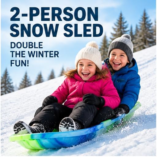 2 Person Snow Sled, Heavy Duty Plastic Toboggan with Handles, 48 Inch