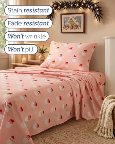 Christmas Sheet Set, Blush Santas, Holiday Xmas Bedding Set - Twin XL Size