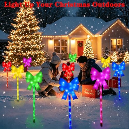 Outdoor Christmas Decorations Solar Pathway Lights, Set of 5 Colorful Bow Candy Stake Lights, Waterproof Solar Christmas Lights for Holiday Display Yard Garden Lawn Winter Party Xmas Decor