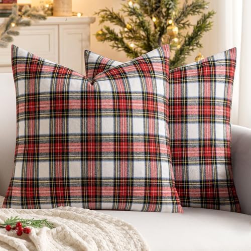 MIULEE Christmas Plaid Pillow Covers Scottish Tartan 24x24 Red and White
