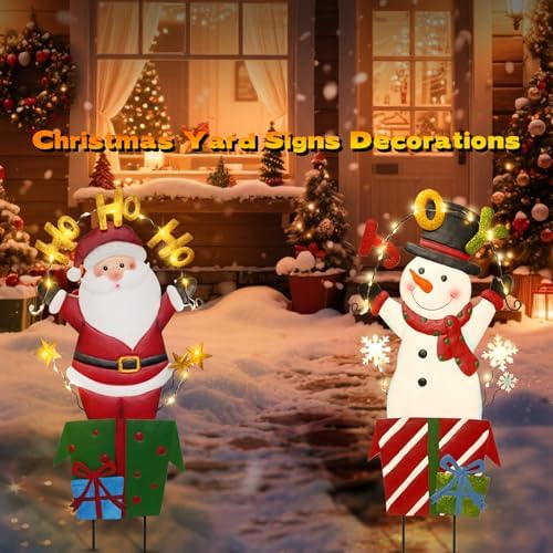 BRIGHTDECK 2 Pack Christmas Yard Signs Outdoor Decorations, Snowman Santa