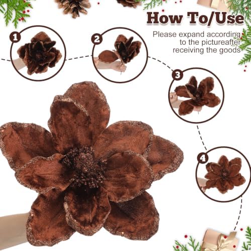 Thiccywoov 8 Pcs Large 12" Christmas Magnolia Flowers, Brown
