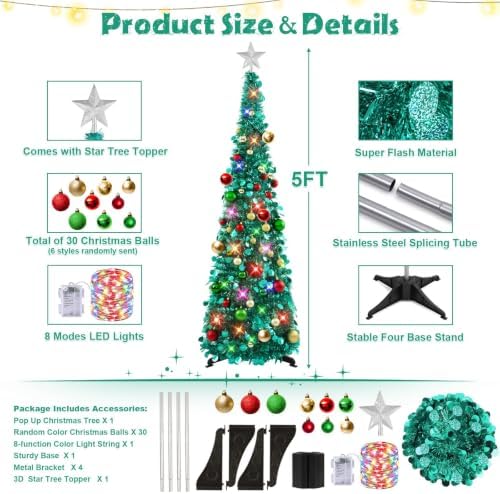 N&T NIETING Pop Up Christmas Tree with Lights & Ornaments, 5FT, Dark Green