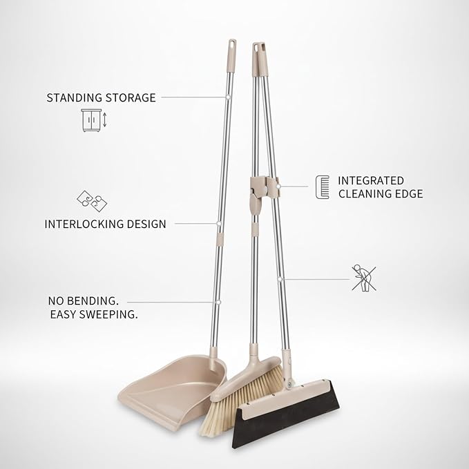 Broom and Dustpan Set with Standing Storage, Interlocking Sweep Kit with Cleaning Edge for Home Cleaning